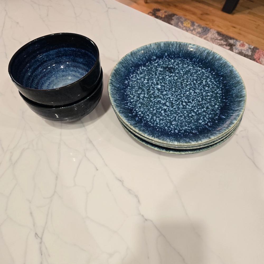 H&M Home Blue Reactive Glaze Stoneware Set 4 Plates Teal Portugal‎ + 2 Bowls